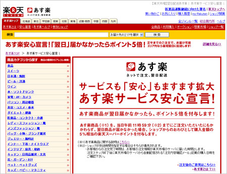 午前中に注文した商品が翌日届かなかった場合、ポイント5倍を付与する「あす楽」サービス
