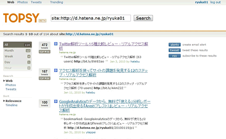 著者のブログURLでの検索結果、各記事のTweet数が一目で把握できる