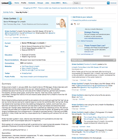 LinkedInのプロフィール画面、職務に関する詳細な情報を記載できる（※画像はLinkedInのサンプルページより転載）