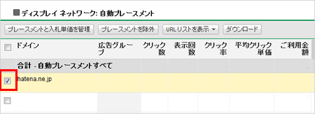 不要なサイトにチェックを入れ、［プレースメントを除外］を選択
