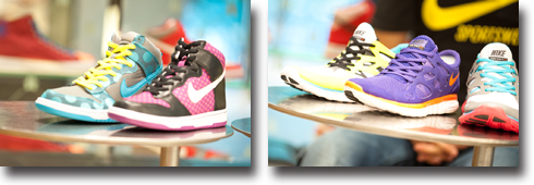 カスタマイズ性を楽しんでもらえるよう、対象となる年齢層に人気の高い「Nike Dunk」のHigh（写真左）／Lowモデルと、ソールや靴幅まで変更できるといったランニング用シューズとして人気モデル「Nike Free Run +2」（写真右）の3つが、NIKEiD FRIEKO STUDIO対象用のモデルとして選定された