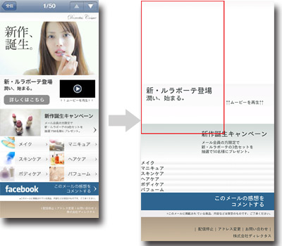 docomo SPモードでの表示(※赤枠は1画面で表示される範囲)