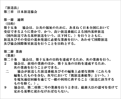 NHKの目的について定めた「放送法」第三章「日本放送協会」第一節「通則」第15条。NHKのインターネット事業について定めた、同法同章 第二節「業務」第20条より抜粋。
