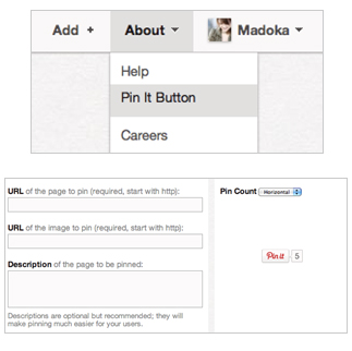 “Pin It Button”はトップのメニューリンクから入手できます。ページ中程にある「Pin It Button for Web Sites」にURLなどの必要項目を設定しましょう。