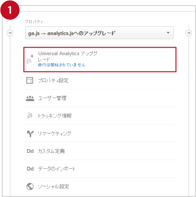 Google アナリティクスの管理画面内にあるプロパティメニューから「Universal Analytics アップグレード」をクリック
