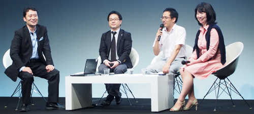 登壇者は左から株式会社D2C デジタルソリューション本部本部長 篠崎功氏、雪印メグミルク株式会社 市乳事業部飲料グループ 竹谷和章氏、株式会社Z会 マーケティング部宣伝営業課 伊豆蔵善史氏、株式会社TBWA/HAKUHODO タッチポイントエバンジェリスト 皆川治子氏