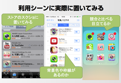 アイコンは、App Storeに並んだときや、ホーム画面で競合と並んだときでも見栄えよくなっているかを評価する