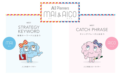 人工知能コピーライターのAICOと人工知能マーケターのMAI。MAIはテレビのメタデータを収集し、戦略キーワードを生み出すサポートを行うシステム。