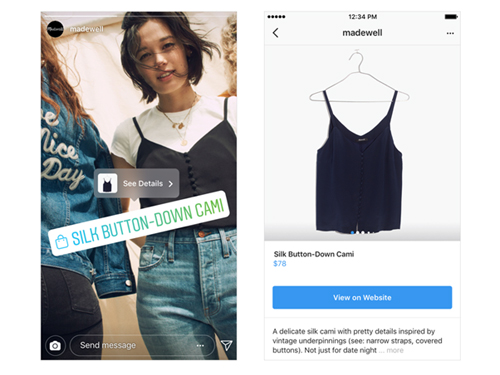 Instagram、ストーリーのショッピング機能（Instagramのプレスサイトより）https://instagram-press.com/blog/2018/09/17/new-ways-to-shop-on-instagram/