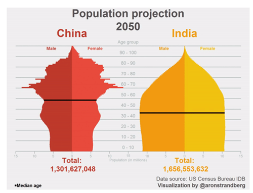 中国とインド、2050年の人口構成(Visual CapitalistのWebサイトより)http://www.visualcapitalist.com/animation-comparing-china-vs-india-population-pyramids/
