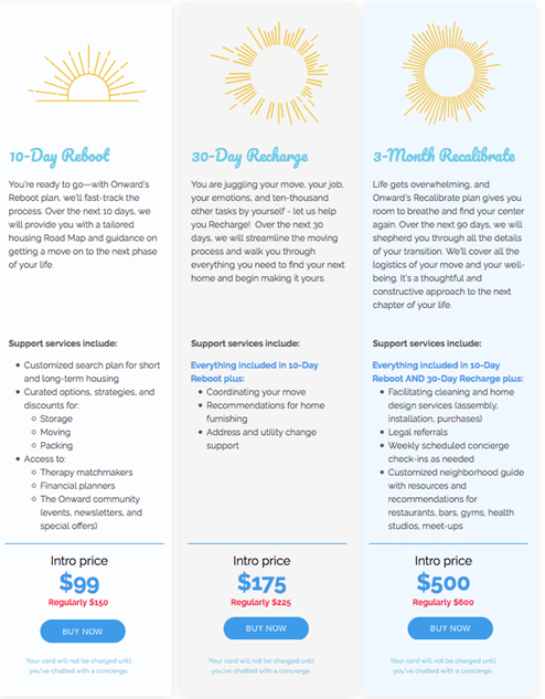 Onward「失恋後コンシェルジュ」の各プラン（OnwardのWebサイトより）https://www.move-onward.com/plans