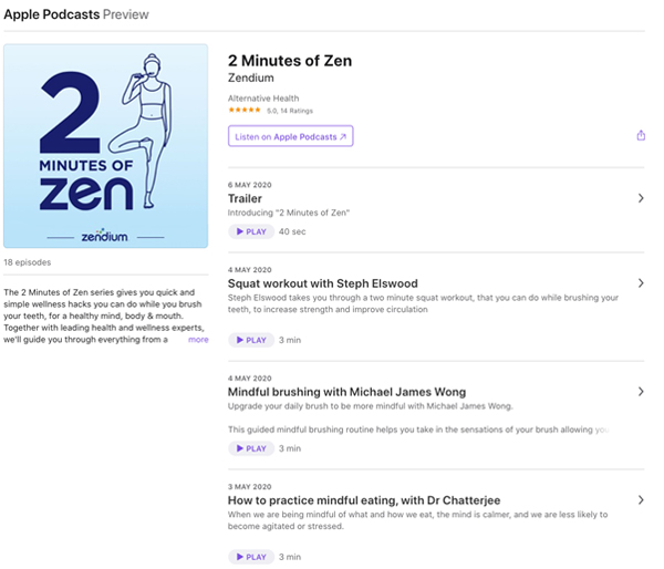 Zendiumのポッドキャスト「2 Minites of Zen」https://podcasts.apple.com/gb/podcast/2-minutes-of-zen/id1462196753