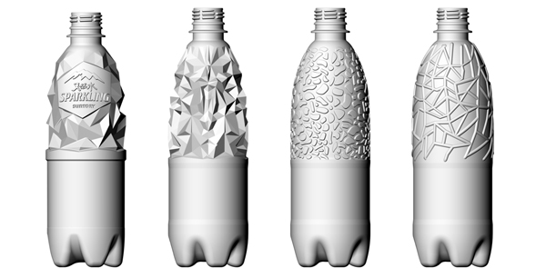 完成品（左）と試作されたボトルの形状の例/新ボトル開発は最新技術を活用。通常新容器比で約５倍の試作を実施した。