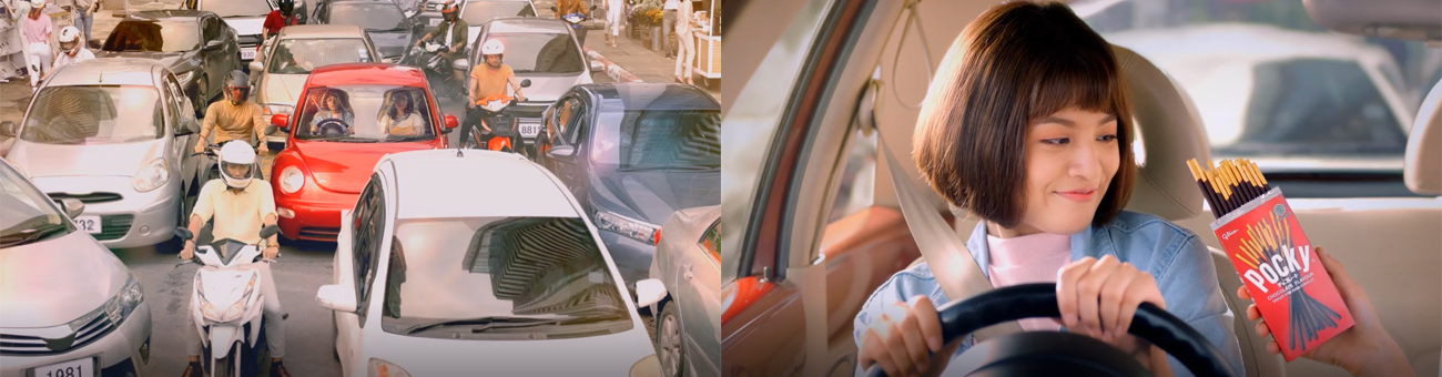 渋滞中にポッキーが役立つことを訴求したテレビCMより抜粋