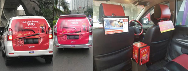 （左）ラッピングカー（右）Grab車内。中央のボックスに販売用のポッキーが入っている