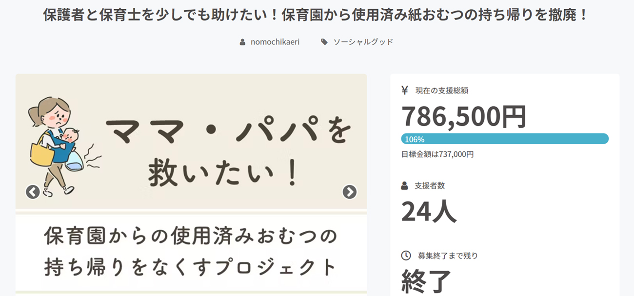  BABY JOBが実施したクラウドファンディングのページ