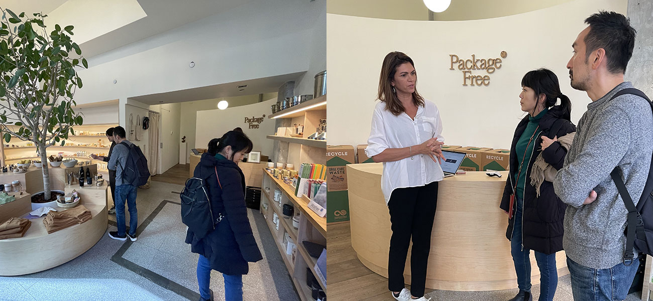 SoHoにあるPackage Freeの内観と、BICPメンバーが店舗スタッフと会話する様子（2022年10月末、Kazuki Nishimura撮影）