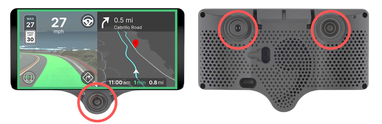 Comma.ai社の車載デバイスの表（運転席側）、裏（進行方向側）、赤丸がカメラ
