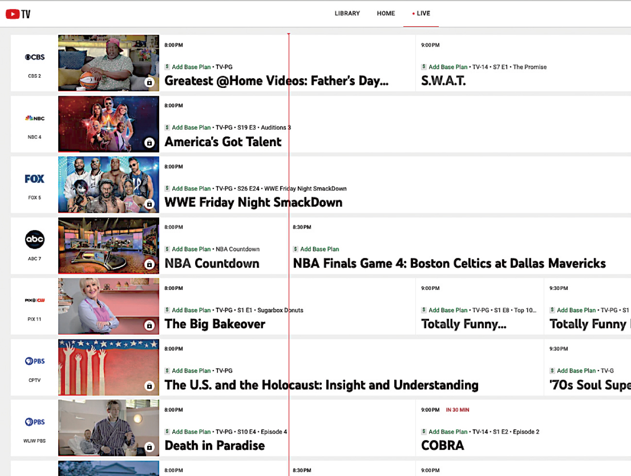 YouTube TVで各地上波（リニア）テレビ局の放映が視聴できる画面例