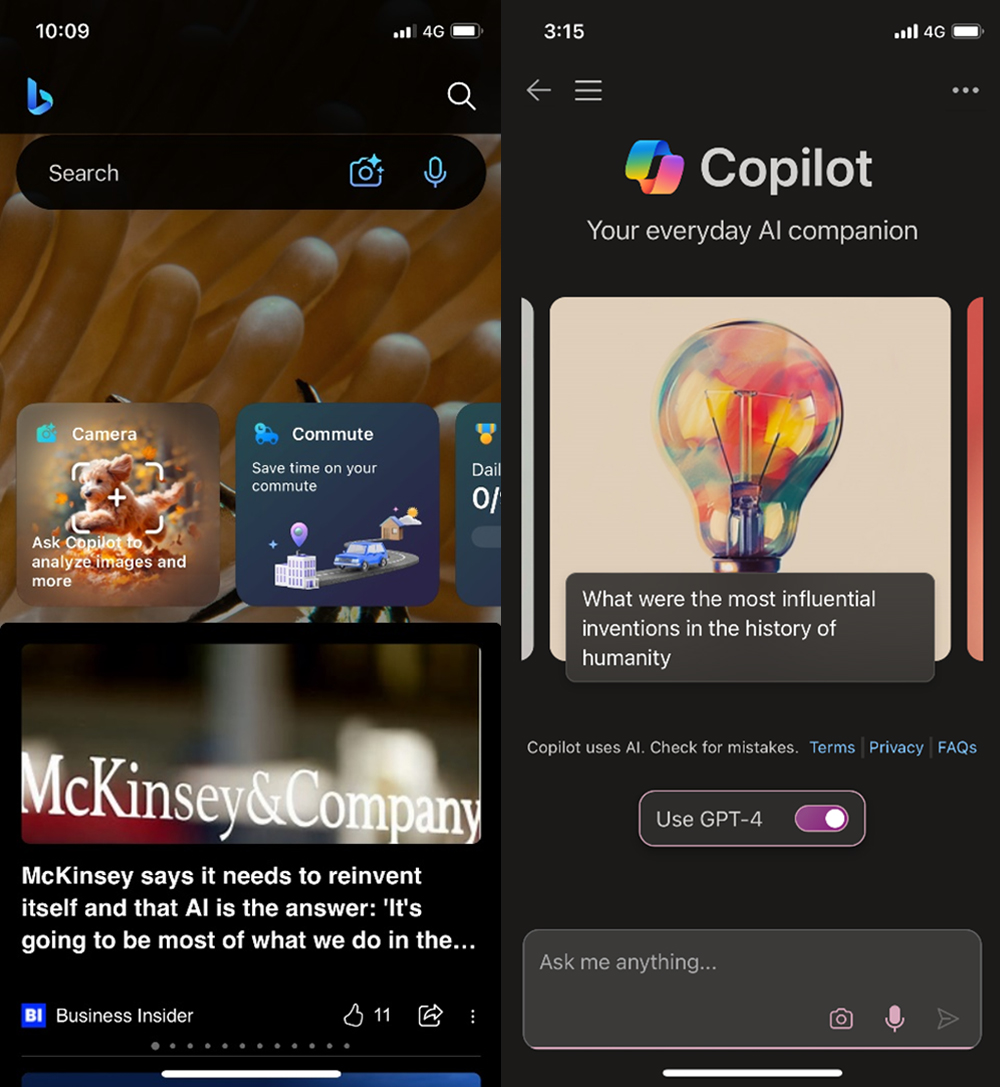 画像2：（右）スマホアプリ「Bing」のキャプチャ画像　（左）スマホアプリ「Copilot」ではスライドボタンをオンにすると簡単にGPT-4を使うことができる