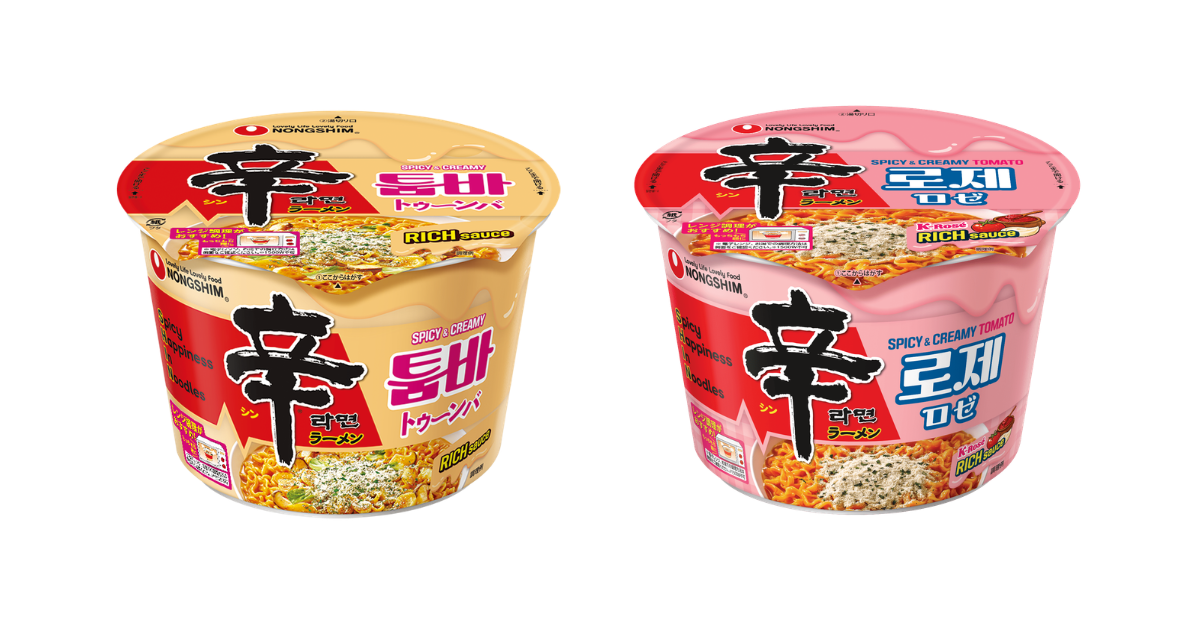 【左】辛ラーメン トゥーンバ カップ：SNSを中心に話題のピリ辛クリームパスタ「Toomba（トゥーンバ）」が元になっている商品【右】「辛ラーメン ロゼ カップ」：農心ジャパン公式レシピの人気No.1のアレンジメニューをより手軽に味わえるように製品化