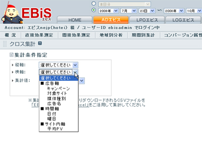 アドエビスのクロス集計機能。縦軸・横軸をさまざまな指標でご自由に設定することで、ニーズに合わせたレポートはもちろん、専用のアドオンをダウンロードすることで、オートフィルターも可能になる。業務の中で多くの手間を取られるレポート作成の簡易さも、効果測定ツールを選ぶポイントにしたい部分。