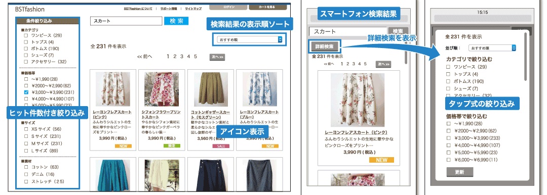 ポップファインド、PC の検索結果画面イメージ（左）／スマートフォン画面イメージ（右）