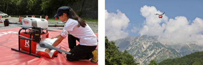 左：「猿倉荘」（標高1250m）で物資（桃）を配送ボックスに積み込む様子／右：ドローン配送の様子