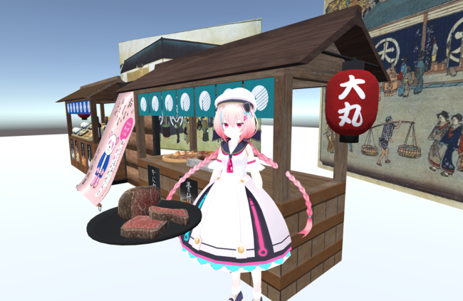 販売されるローストビーフを手にするVket公式キャラクター「Vketちゃん」