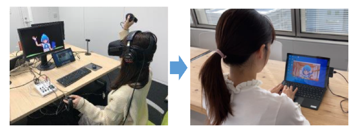ゴーグルとコントローラーによるキャラクター操作（左）、新機能によってこの機材が不要に（右）