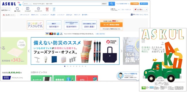 （上）ASKULウェブサイト　（右）アスクルカタログ2021