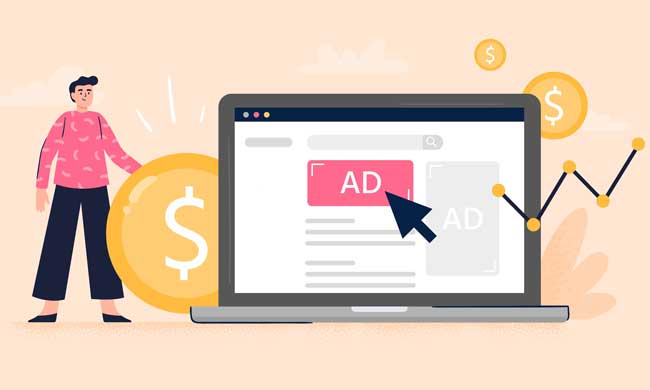Pay Per Click or Display advertising concept. Web developer set advertising to gain more money to the business. Flat vector illustration. Good for banners, ads, landing pages or articles.