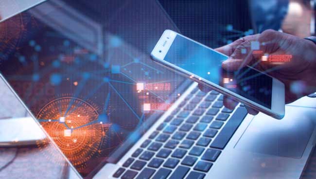 businessman with smartphone mobile and laptop notebook computer in network social digital online connect to data ai concept, fintech bitcoin