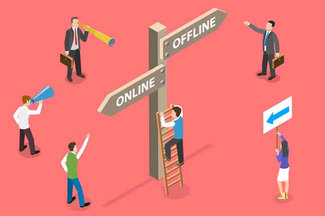 Group of People are Choosing Online or Offline Path, Standing Next to Signpost