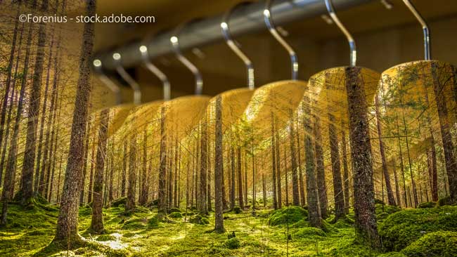 Clothes hanger with dresses in the forest. Concept for organic clothes, closet and sustainable fashion