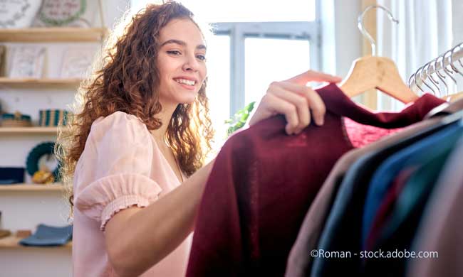 curly caucasian woman choosing 100 percent organic cotton wear in modern eco-friendly showroom, alone. she is smiling while looking at rack of clothes