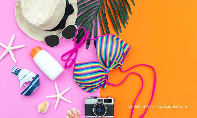 Summer Fashion woman swimsuit Bikini, camera, starfish, sunblock, sun glasses, hat