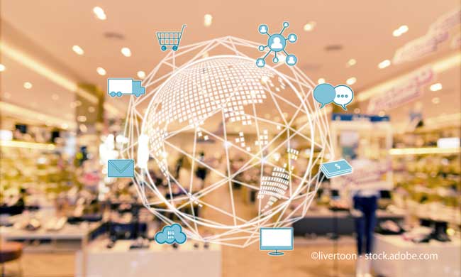 Internet of things conceptual. Omni Channels icons and blurred shopping cente