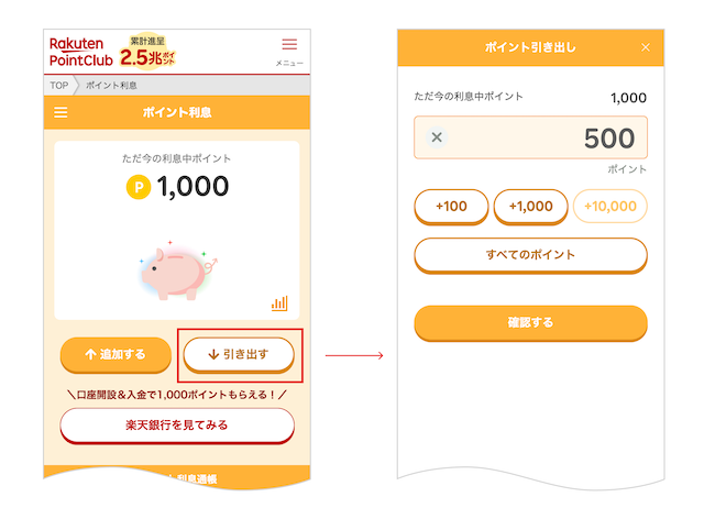「楽天ポイント利息」内でのポイント引き出しイメージ