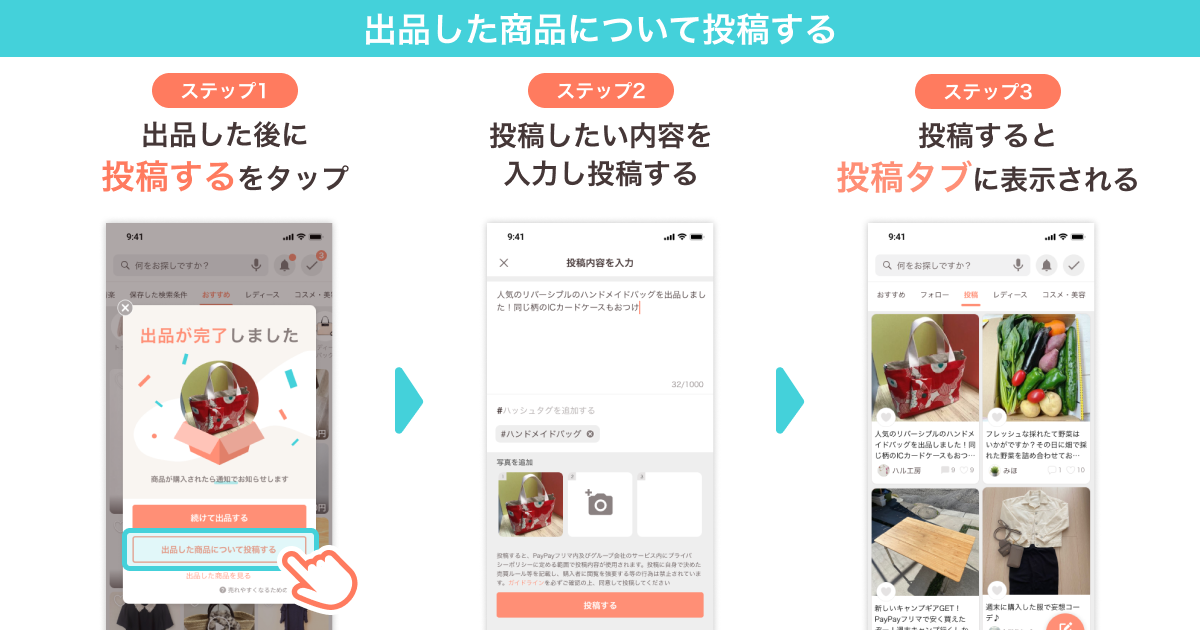 出品したアイテムについて投稿する