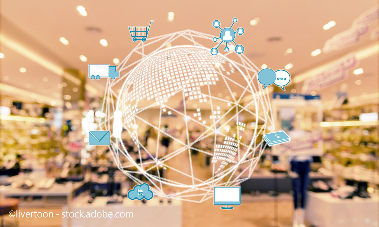 Omni Channels icons and blurred shopping center