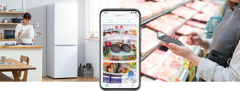 冷蔵室内の食材をスマートフォンで確認するイメージ