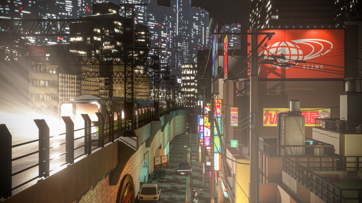 VRChatワールド「Tokyo Mood by BEAMS」／数分に一度、鉄道が高架を走ると辺りには走行音が響き、ヘッドライトと窓の光が街を照らす。ガード下には飲食店やゲームセンターが、裏路地には何軒もの居酒屋が並び、遠景には高層ビル郡が見える。（photo by suma）