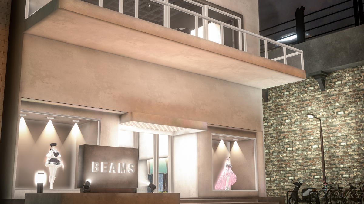 VRChatワールド「Tokyo Mood by BEAMS」／路地を進むと奥にBEAMSの店舗が。ウィンドウやマネキンに展示されたアバター用3D衣装は店内の試着室で試着可能。ワンクリックでBOOTHの商品購入ページが表示される。