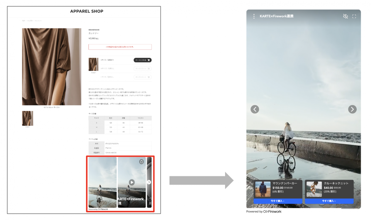 任意のページにKARTEタグを設定し、Fireworkプレイヤーを呼び出し動画を掲載。動画をクリックすると動画が再生される。