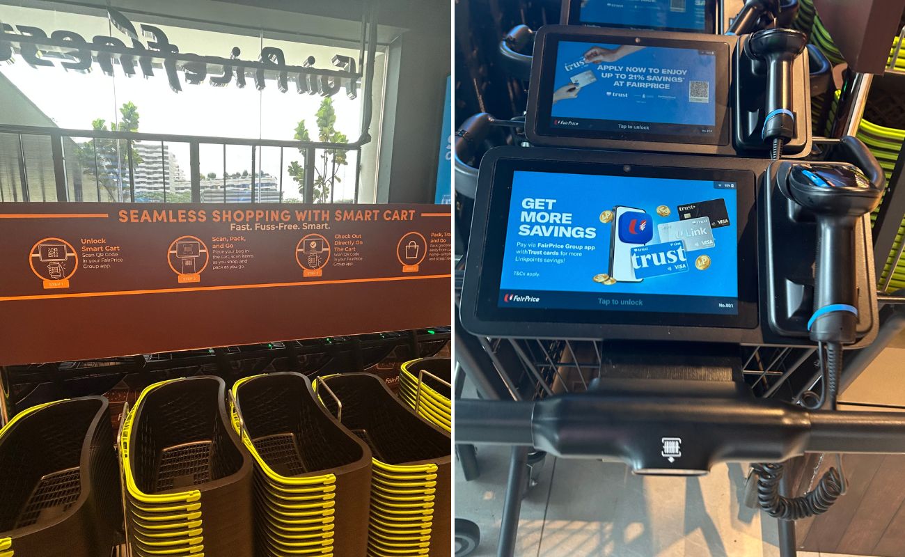 FairPriceの店舗に導入されたスマートカートと、「Seamless Shopping with Smart Cart」の店内案内サイン