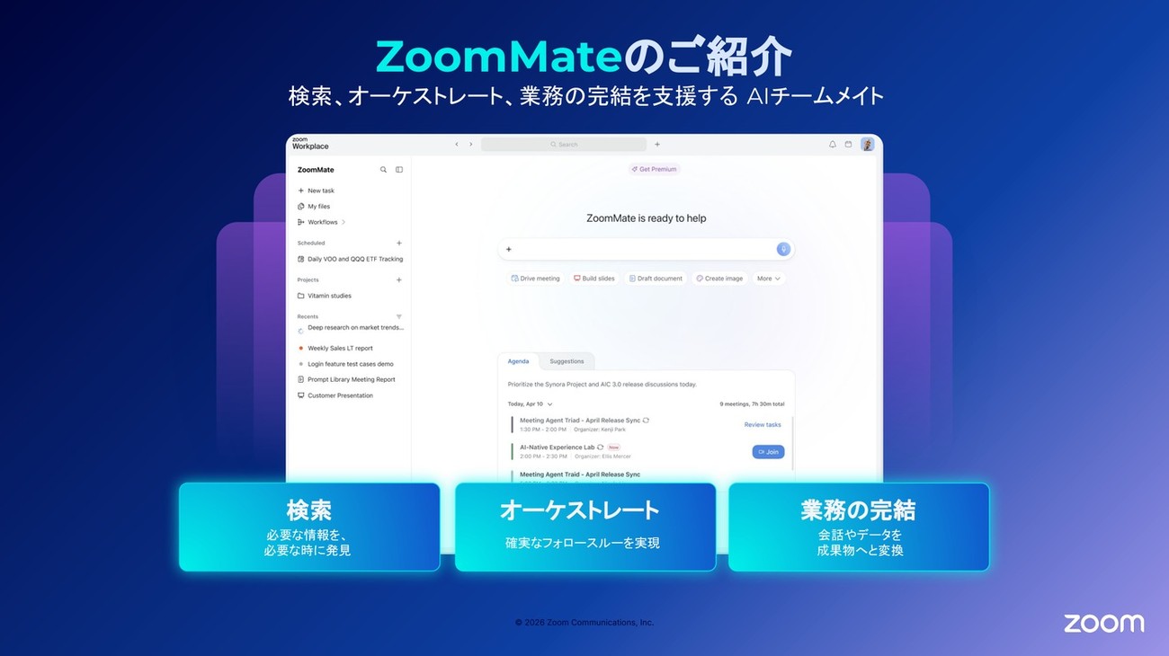 検索・オーケストレート・業務の完結を支援するAIチームメイト ZoomMateの紹介画面